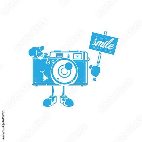 Funky camera character with smile slogan on white background cartoon vector illustration