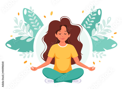 Woman meditating in lotus pose. Healthy lifestyle  yoga  wellbeing  relax. Vector illustration