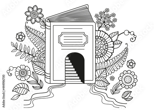 World Book Day. Black and white coloring book page for adult. Opened book. Concept with book and doodle flowers.
