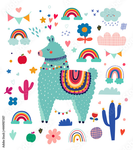 Baby design with cute llama and rainbows.  Vector illustration with cute animal lama, alpaca. Nursery baby illustration