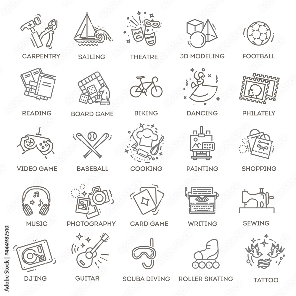 Hobbies and interest detailed line icons set in modern line icon style Hobbies and interest detailed line icons set in modern line icon style