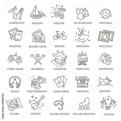 Hobbies and interest detailed line icons set in modern line icon style