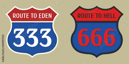 USA blue-red road signs. The route to Hell 666 and the route to Eden 333