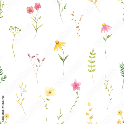 Watercolor wildflowers vintage seamless pattern. Summer flowers hand-painted background. Perfect for textile, fabric, covers. 