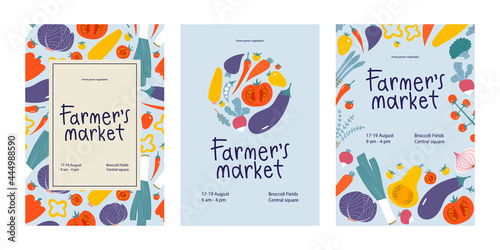 Farmers market poster design set. Fresh local vegetables in trendy flyers for food festival. Promo concept for veggie farm bazaar.