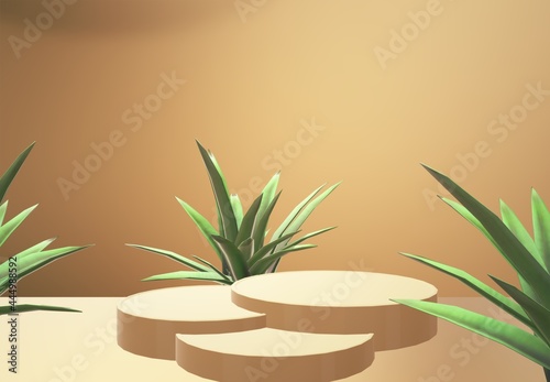 3D podium display on a beige background with small plants. Round pedestal stands for cosmetic, beauty product promotion, sales, advertising Natural showcase. Nature Abstract minimal studio 3D render.