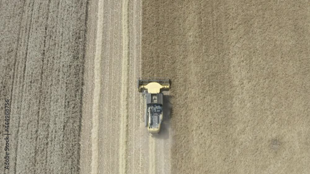 aerial view of a combine harvester harvesting barley in Spain aerial view of a combine harvester harvesting barley in Spain