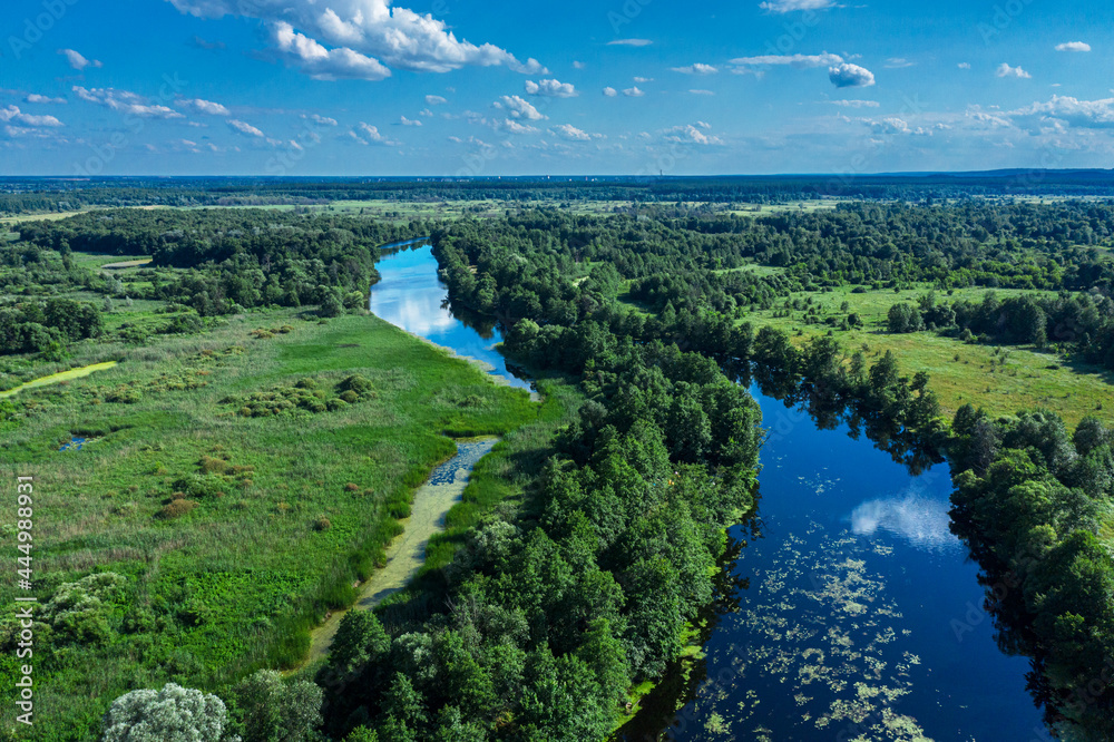 Beautiful panoramic view of river and green banks of the river in the summer morning day. Aerial panoramic view.