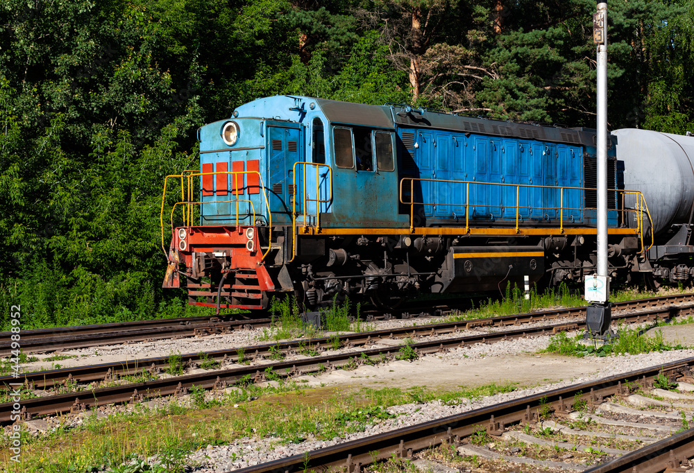 a blue locomotive rides along the rails among the trees pulls the wagons behind it a blue locomotive rides along the rails among the trees pulls the wagons behind it