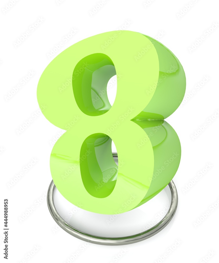 Number 8 green over metallic circle on white background - 3D rendering illustration Number 8 green over metallic circle on white background - 3D rendering illustration