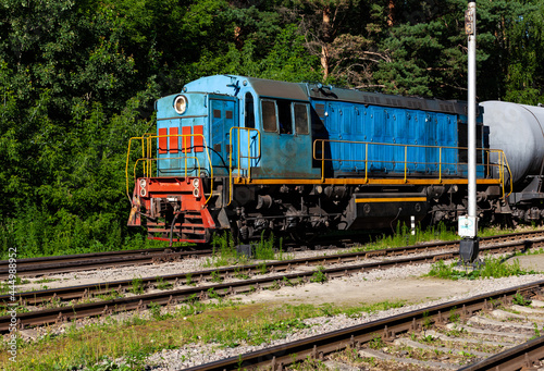 a blue locomotive rides along the rails among the trees pulls the wagons behind it © Oleg Opryshko