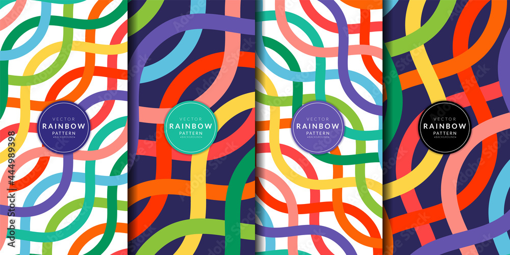 Abstract geometric pattern with the rainbow lines combination set. curve, striped, wrapping paper, fabric, wallpaper. Brochure cover template colorful collection. Rainbow background vector.