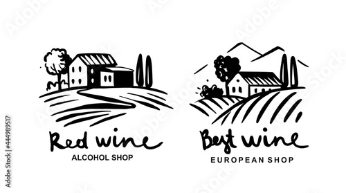 vineyards with house emblem for liquor store