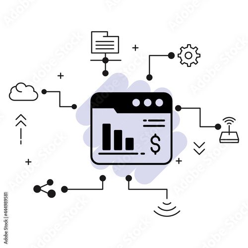Web Finance Dashboard vector Glyph Icon Design, Cloud computing and Internet hosting services Symbol, Browser Dollar with Stats Concept stock illustration