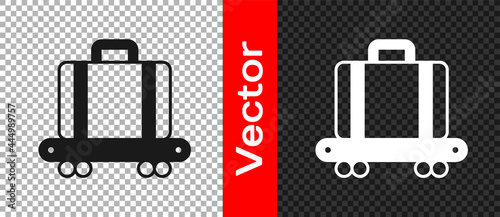 Black Airport conveyor belt with passenger luggage, suitcase, bag, baggage icon isolated on transparent background. Vector