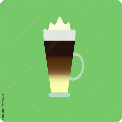 Latte macchiato  with froth in a long glass on a pistachio background.