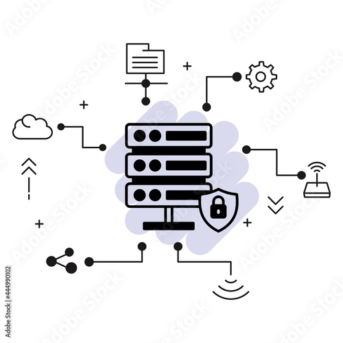 Secured VPS Rack Vector Glyph Icon Design, Cloud computing and Internet hosting services Symbol on White background, Data Center Insurance Concept, 