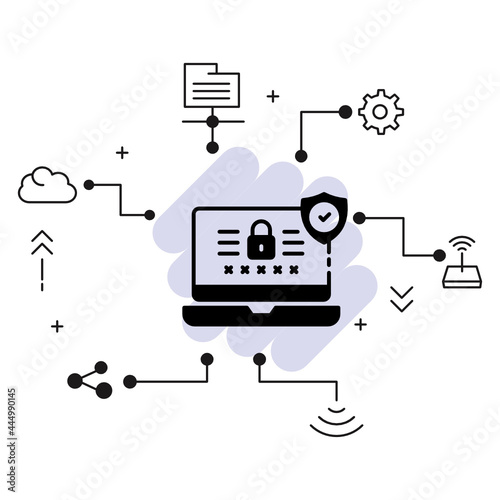 Password protected control panel vector Icon design, Padlock with Security shield Sign, Cloud computing and Internet hosting services Symbol, Login Screen Interface Concept stock illustration