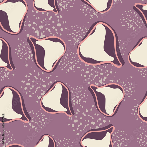 Ripe fruits seamless doodle pattern with random fig elements. Purple pastel background with splashes.