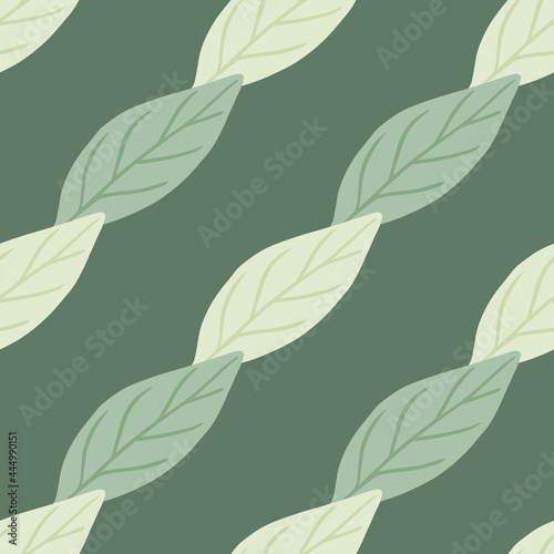 Minimalistic style seamless pattern with pale simple leaf silhouettes. Green pastel background. Doodle style.