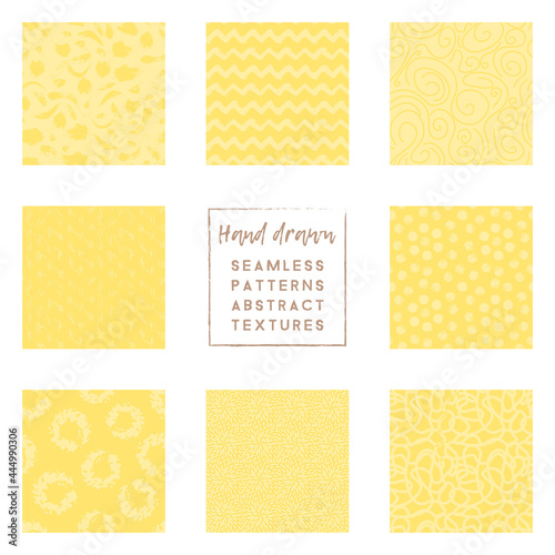 Hand drawn yellow primitive brush stroke elements, seamless patterns set