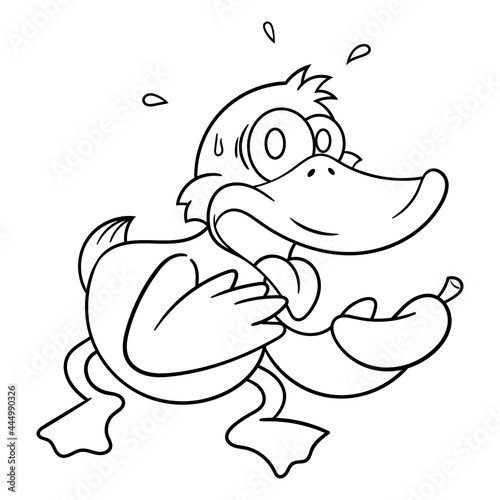 Black and white cartoon illustration of funny little duck spicy because eating a chili until sweats, suitable for coloring book of children with asian food themes