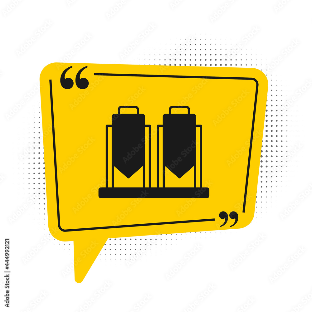 Black Traditional brewing vessels in brewery icon isolated on white background. Beer brewing process. Distillery plant, brewery. Yellow speech bubble symbol. Vector Black Traditional brewing vessels in brewery icon isolated on white background. Beer brewing process. Distillery plant, brewery. Yellow speech bubble symbol. Vector
