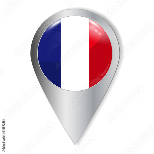 Vector illustration. Glossy button with highlights and shadows. Geolocation icon. Flag of France. User interface element. Set of souvenir countries.