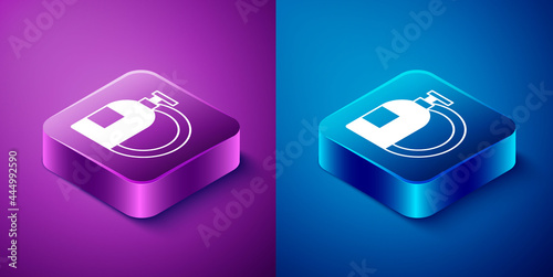 Isometric Dishwashing liquid bottle and plate icon isolated on blue and purple background. Liquid detergent for washing dishes. Square button. Vector