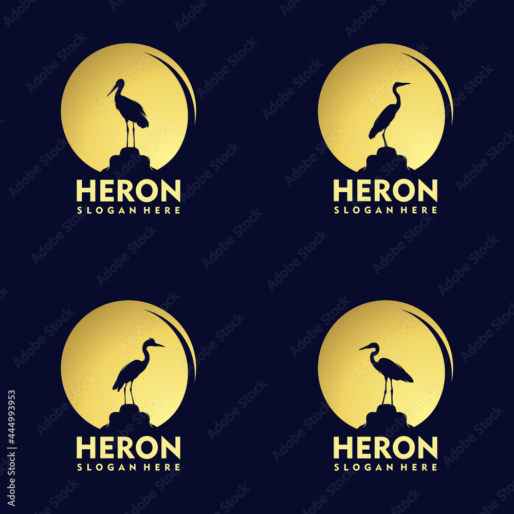 Silhouette Stork Heron Bird on Gold Sunset Logo Design