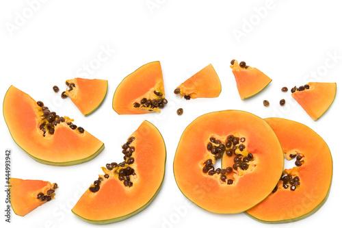 sliced ripe papaya fruit isolated on white background. exotic fruit. clipping path. top view