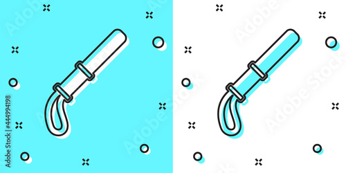 Black line Police rubber baton icon isolated on green and white background. Rubber truncheon. Police Bat. Police equipment. Random dynamic shapes. Vector