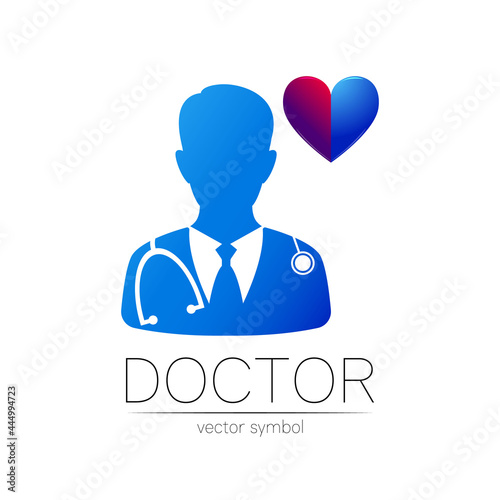 Doctor with heart vector logotype in blue and violet color. Silhouette medical cardiologist man. Logo for clinic, hospital, cardiology, medicine and business. Concept isolated on white. Identity style