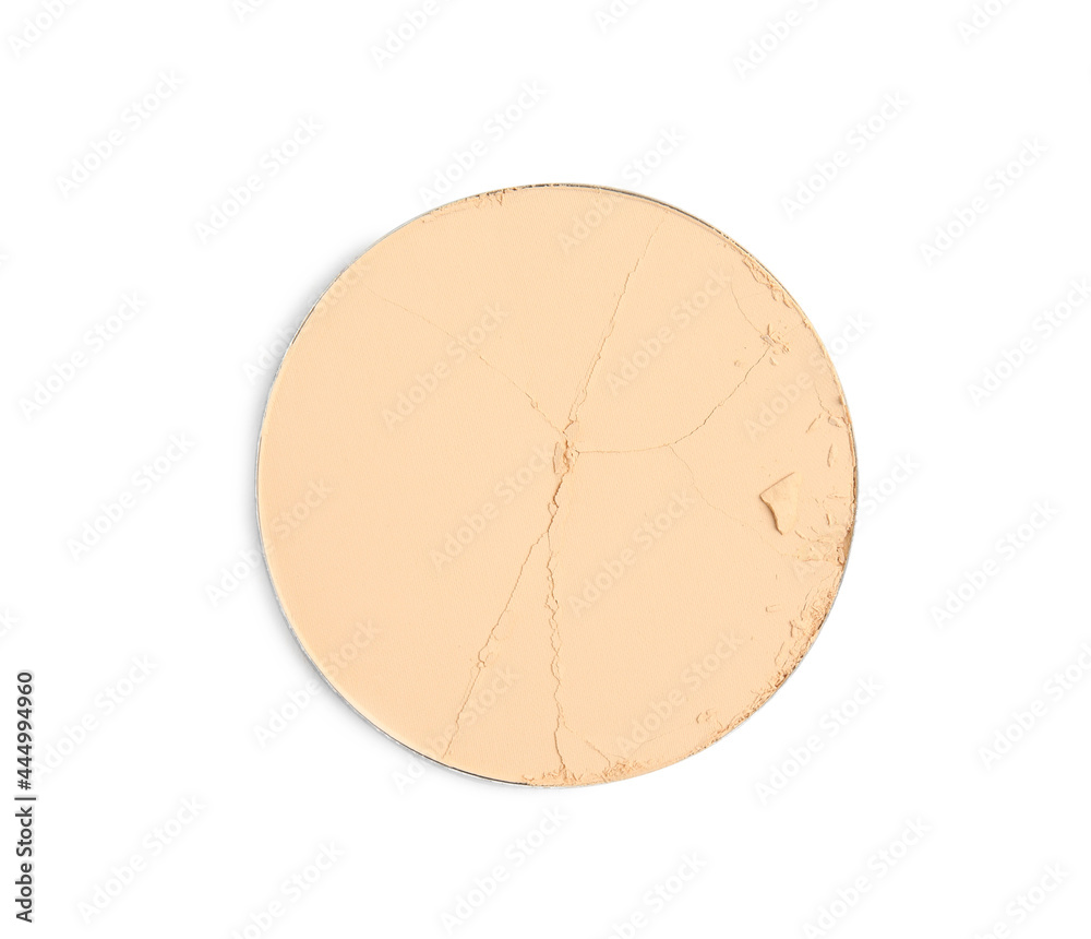 Broken face powder on white background, top view Broken face powder on white background, top view