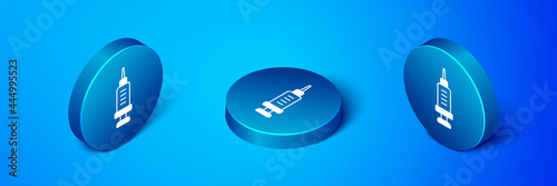 Isometric Addiction to the drug icon isolated on blue background. Heroin, narcotic, addiction, illegal. Sick junkie with a syringe and medical pills. Blue circle button. Vector