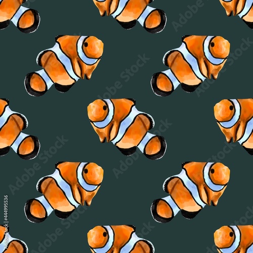 Watercolor seamless pattern illustration of an orange clown fish. Salt water exotic amphiprion fish isolated on background.