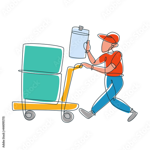 Vector illustration of worker with fork pallet truck stacker in warehouse loading goods in big boxes