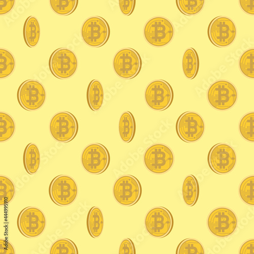 Cryptocurrency seamless pattern, Cryptocurrency coin (BTC) on yellow background. 