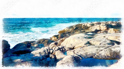 Blue sea and rocks. Painting watercolor. Hand drawing watercolor art on canvas. Artistic  print. Original modern painting. Acrylic dry brush background. Beautiful nordic landscape. Teriberka. © Valentine