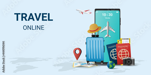 Online travel on smartphone . Book a ticket. Trip planning. Travel to World. travel equipment and luggage. Top view on travel and tourism concept template. vector illustration