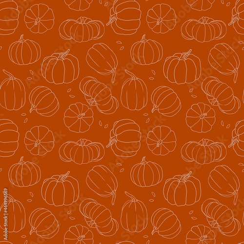 Beautiful pumpkin halloween thanksgiving seamless pattern, cute cartoon pumpkins hand drawn background, great for seasonal textile prints, holiday banners, backdrops or wallpapers 