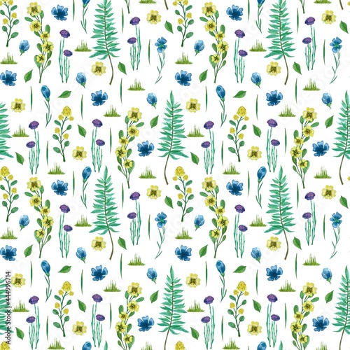 Watercolor seamless pattern with yellow and blue flowers, leaves of fern