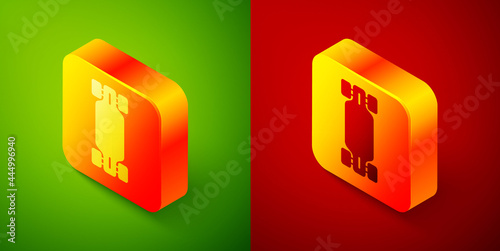 Isometric Longboard or skateboard cruiser icon isolated on green and red background. Extreme sport. Sport equipment. Square button. Vector