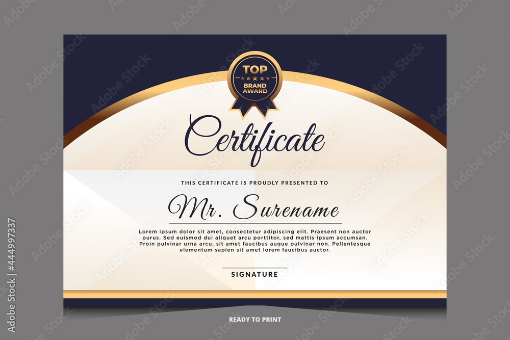 Certificate of appreciation template, gold and blue color. Clean modern certificate with gold badge. Certificate of appreciation template, gold and blue color. Clean modern certificate with gold badge.
