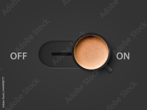 Coffee Power. Vector 3d Realistic Off, On Switch with Milk Foam Coffee in Black Mug. Capuccino, Latte. Concept Creative Banner with Coffee Cup. Design Template. Top View