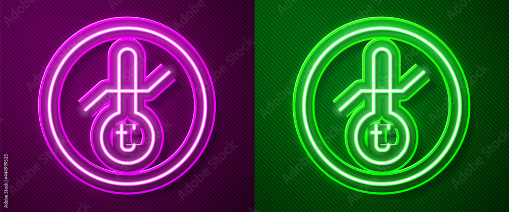 Glowing neon line Meteorology thermometer measuring icon isolated on purple and green background. Thermometer equipment showing hot or cold weather. Vector Glowing neon line Meteorology thermometer measuring icon isolated on purple and green background. Thermometer equipment showing hot or cold weather. Vector