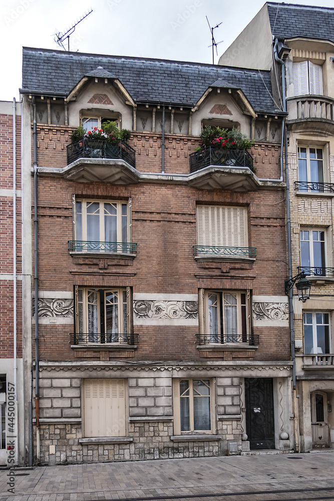 Architectural fragments of residential buildings in Orleans. Orleans is a city in north-central France, about 111 kilometers southwest of Paris.