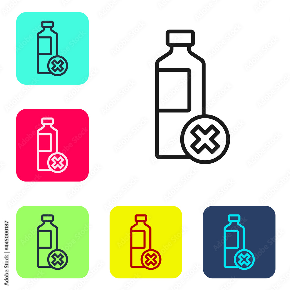 Black line No water bottle icon isolated on white background. No plastic bottle. Water bottle ban sign. Set icons in color square buttons. Vector Black line No water bottle icon isolated on white background. No plastic bottle. Water bottle ban sign. Set icons in color square buttons. Vector