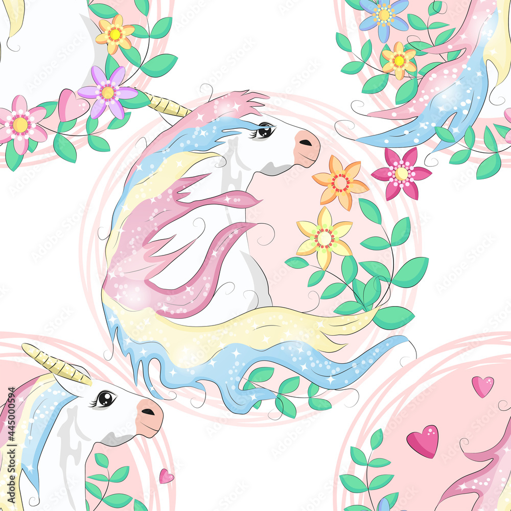 Obraz premium Doodle unicorn pattern for textile design. Animal cartoon. Ditsy print. Trendy seamless pattern. Fabric pattern.