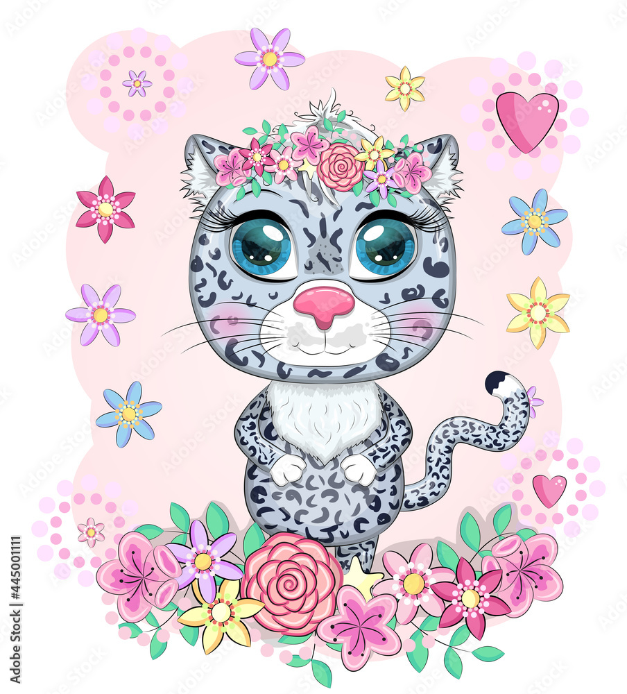 Fototapeta premium Cartoon snow leopard with expressive eyes among flowers, hearts, decorative elements. Wild animals, character, childish cute style.
